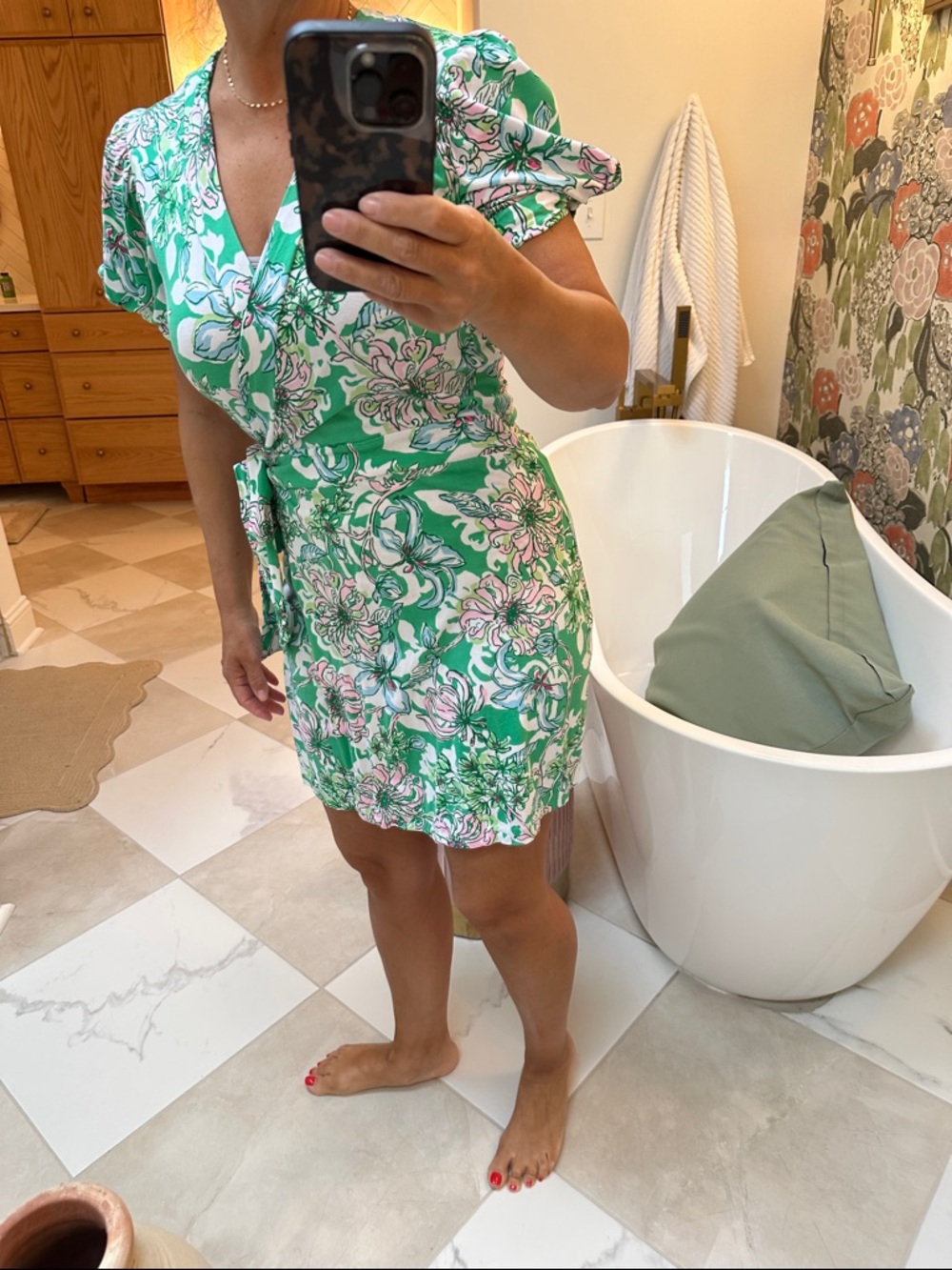 Lilly Pulitzer Green, Pink and White Floral Mini Wrap Dress - Picture 3 of 6
